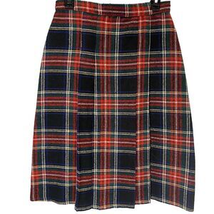 Vintage Midi Skirt Wool Blend Plaid A-Line 1970s Preppy Women Waist 27 Red Black